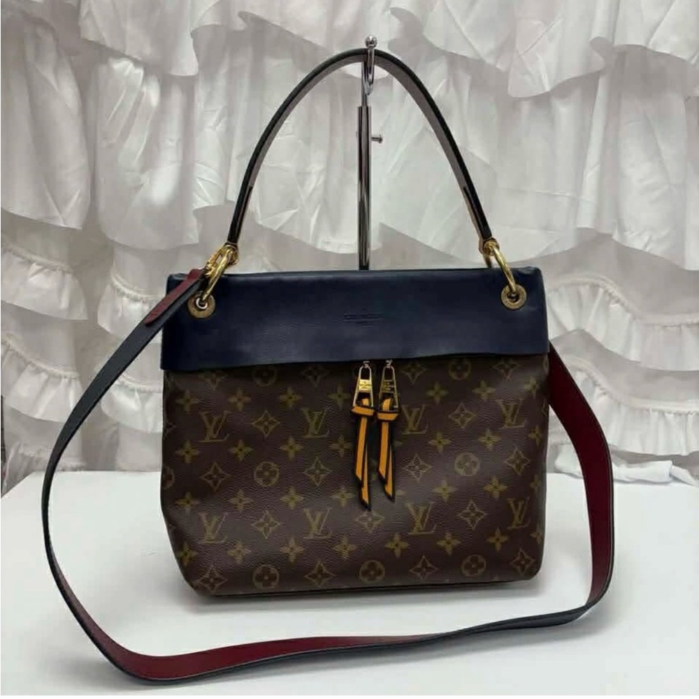 Louis Vuitton Brown Monogram Shoulder Bag with Navy and Red accents.